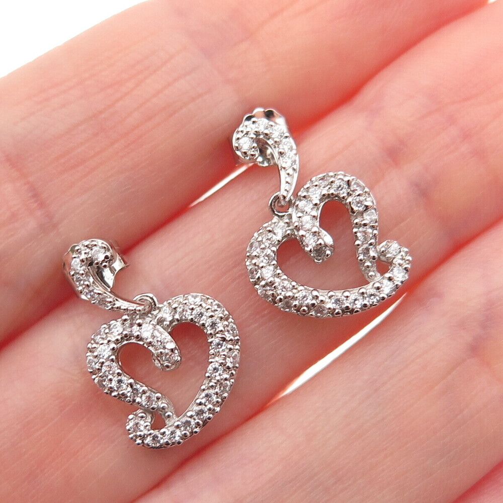 925 Sterling Silver Round-Cut C Z Heart Dangle Earrings